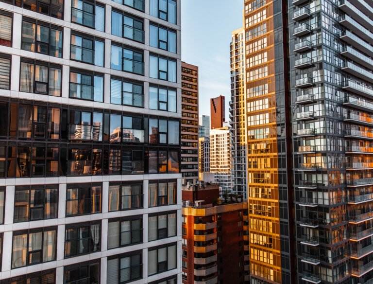 modern tall glass buildings in downtown