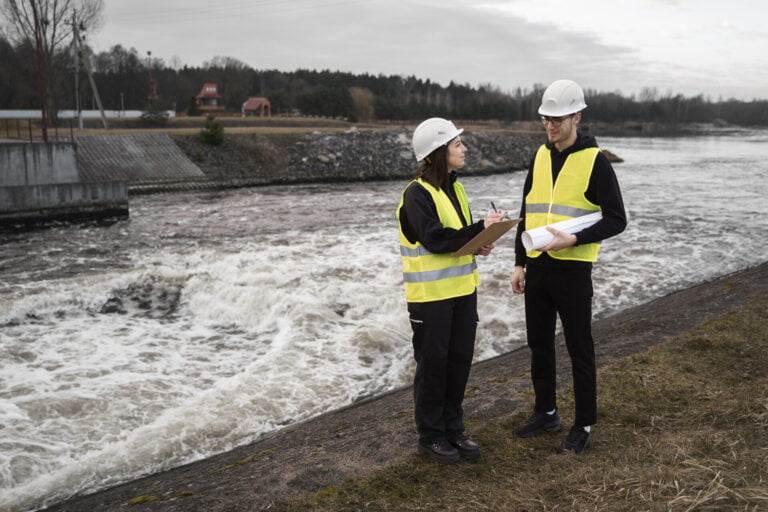 full shot engineers standing near river